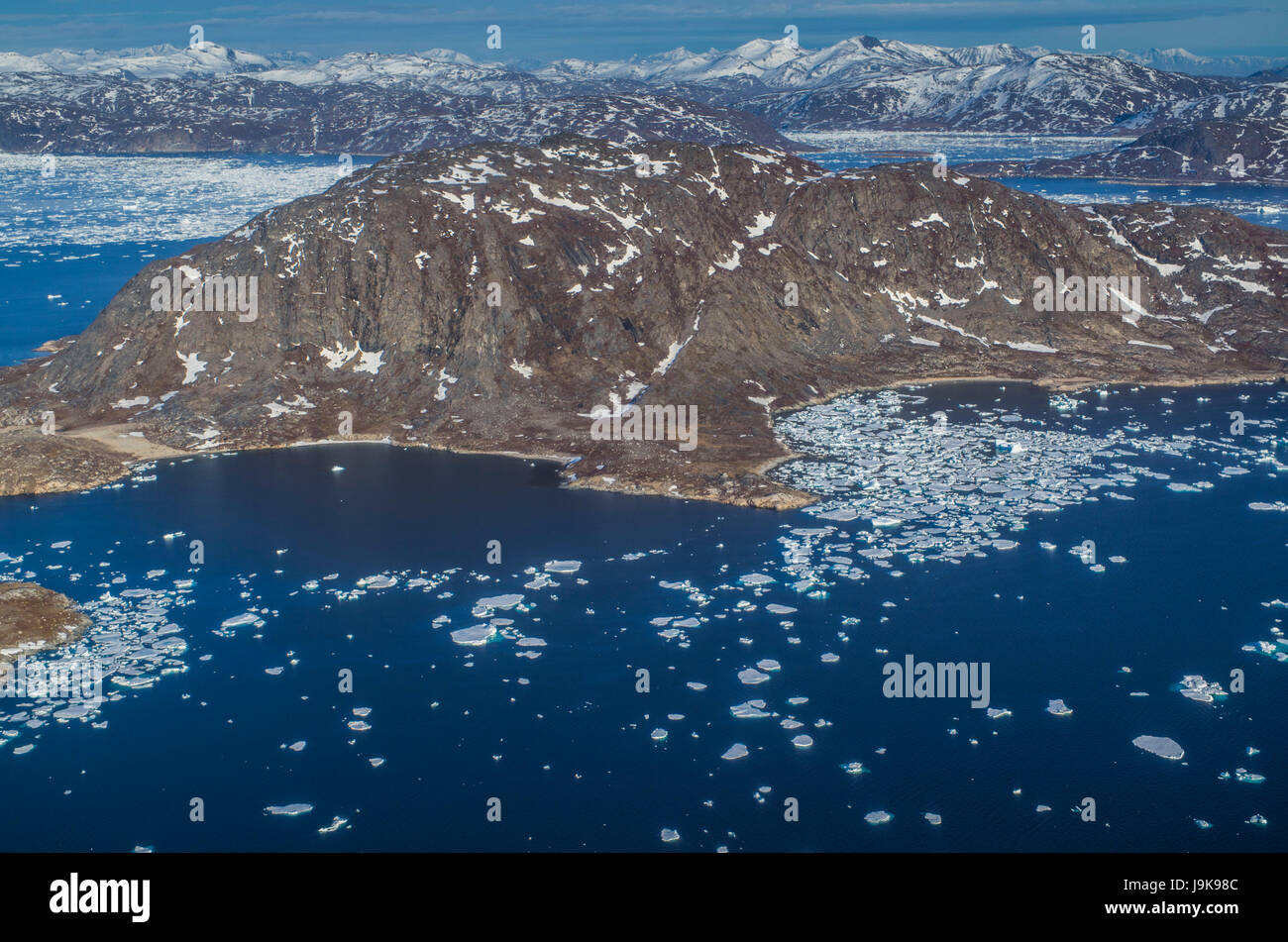 Grönland, Narsarsuaq-Bereich, Tunulliarfik Fjord, Luftaufnahme mit schwimmendes Eis Stockfoto