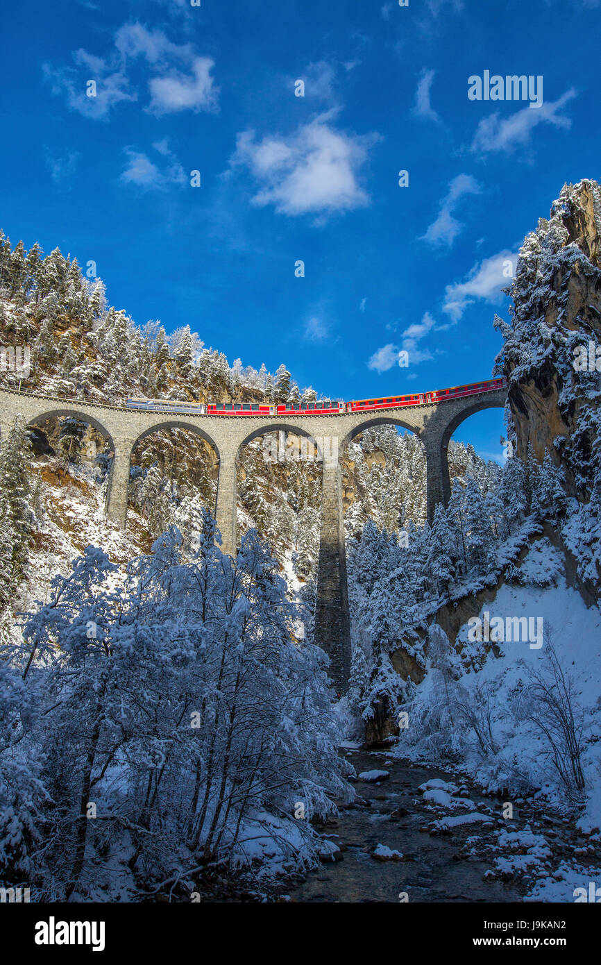Bernina Express führt durch die verschneiten Wälder rund um Filisur Kanton Graubünden-Schweiz-Europa Stockfoto