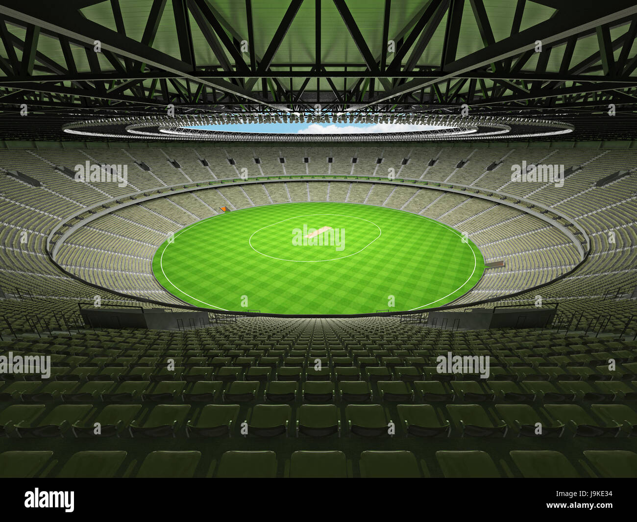 3D Rendern einer schönen modernen Runde Cricket-Stadion mit Olive grau grünen Sitze und VIP-Logen für hunderttausend Menschen Stockfoto