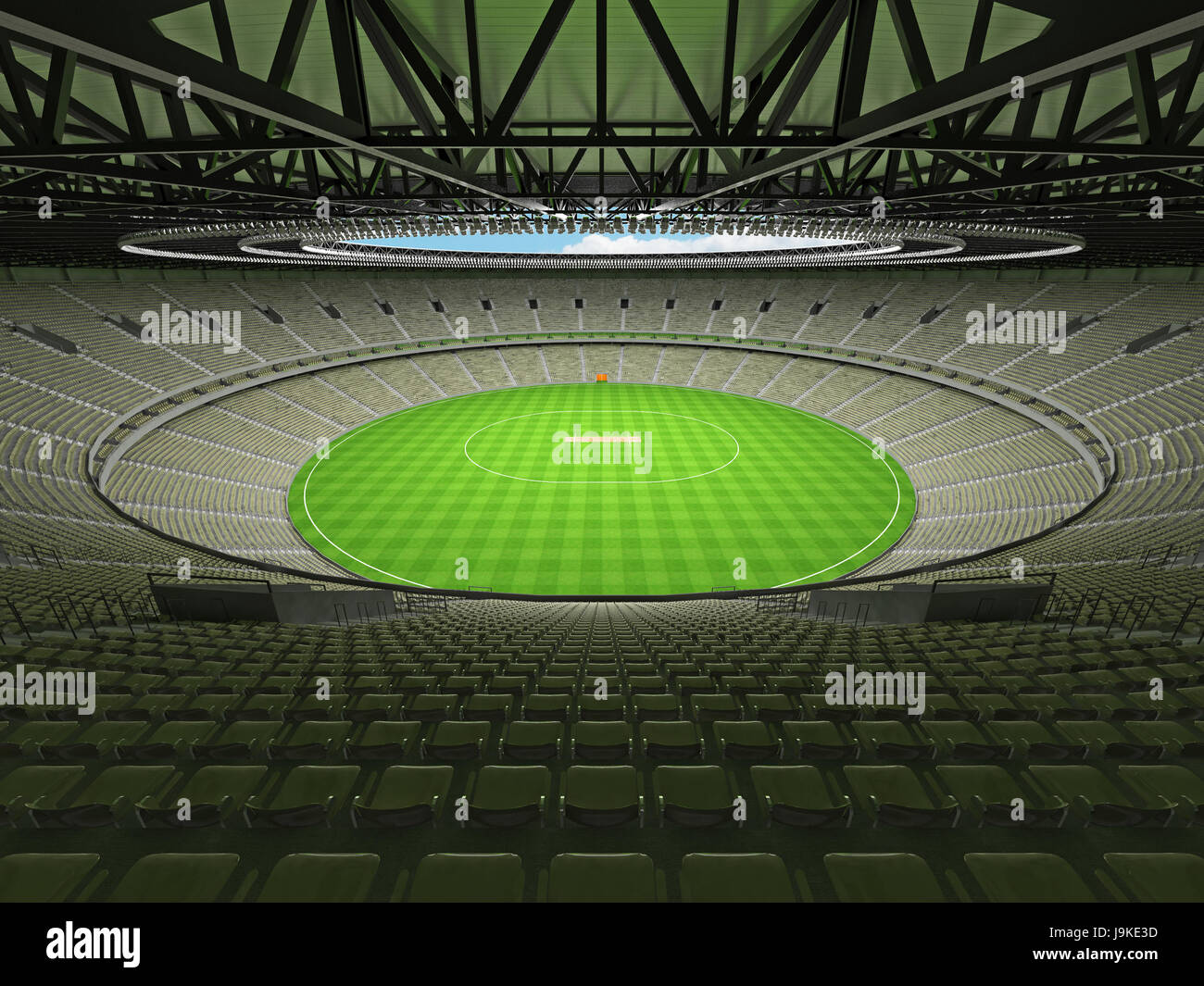 3D Rendern einer schönen modernen Runde Cricket-Stadion mit Olive grau grünen Sitze und VIP-Logen für hunderttausend Menschen Stockfoto