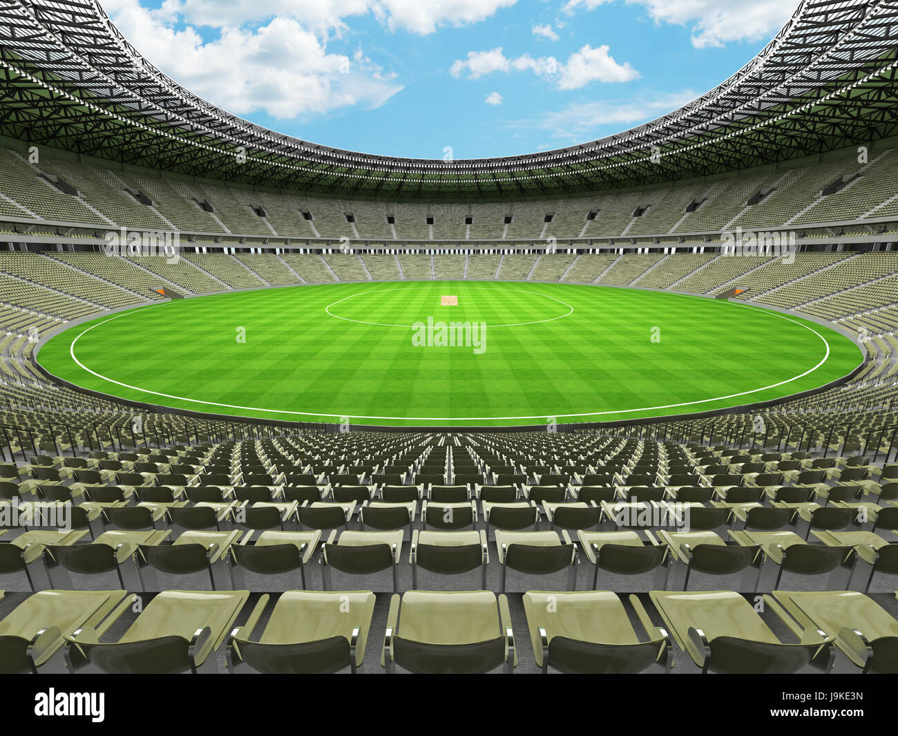 3D Rendern einer schönen modernen Runde Cricket-Stadion mit Olive grau grünen Sitze und VIP-Logen für hunderttausend Menschen Stockfoto