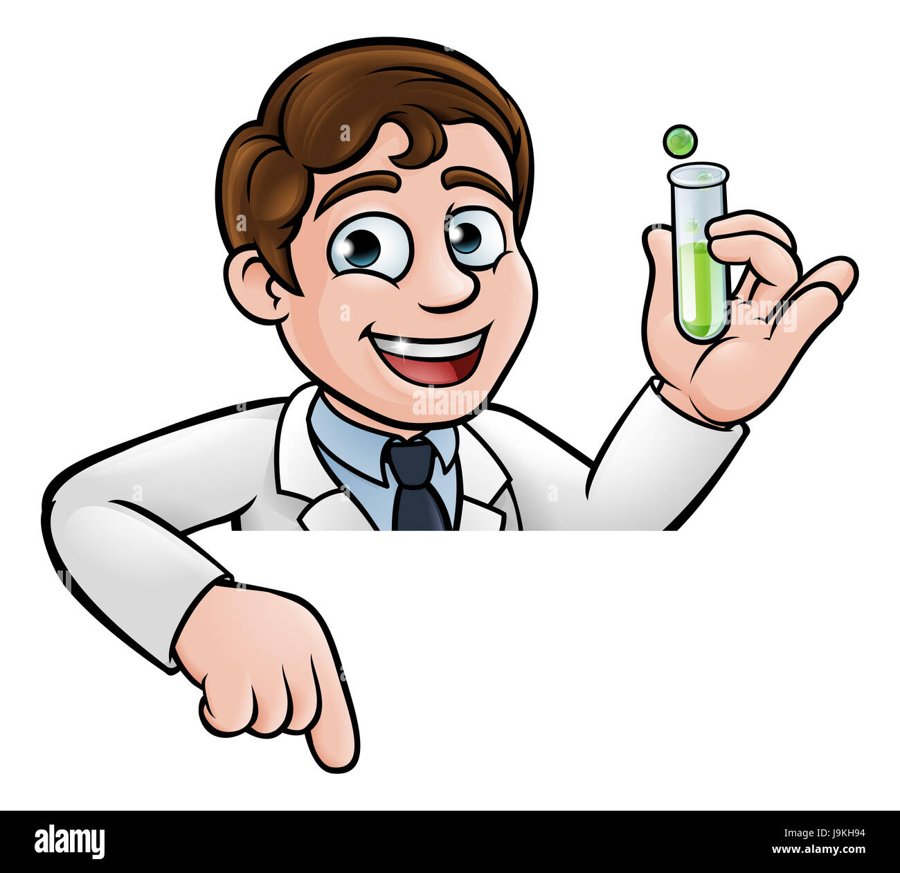 Ein Cartoon Wissenschaftler Professor tragen Lab Weißkittel spähen über Schild mit einem Reagenzglas und darauf zeigen Stockfoto