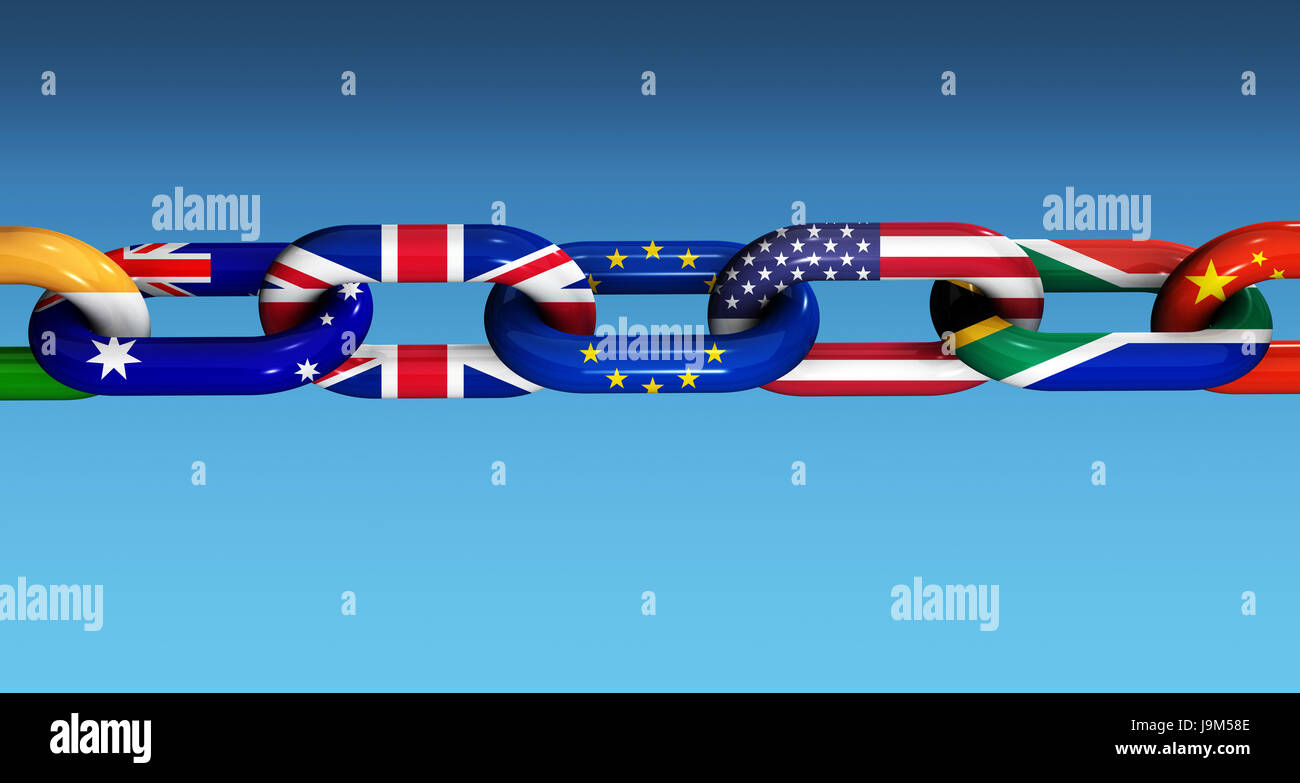 Internationale Kooperation und Zusammenarbeit Geschäftskonzept mit Flaggen der Welt auf eine Kette 3D Illustration. Stockfoto