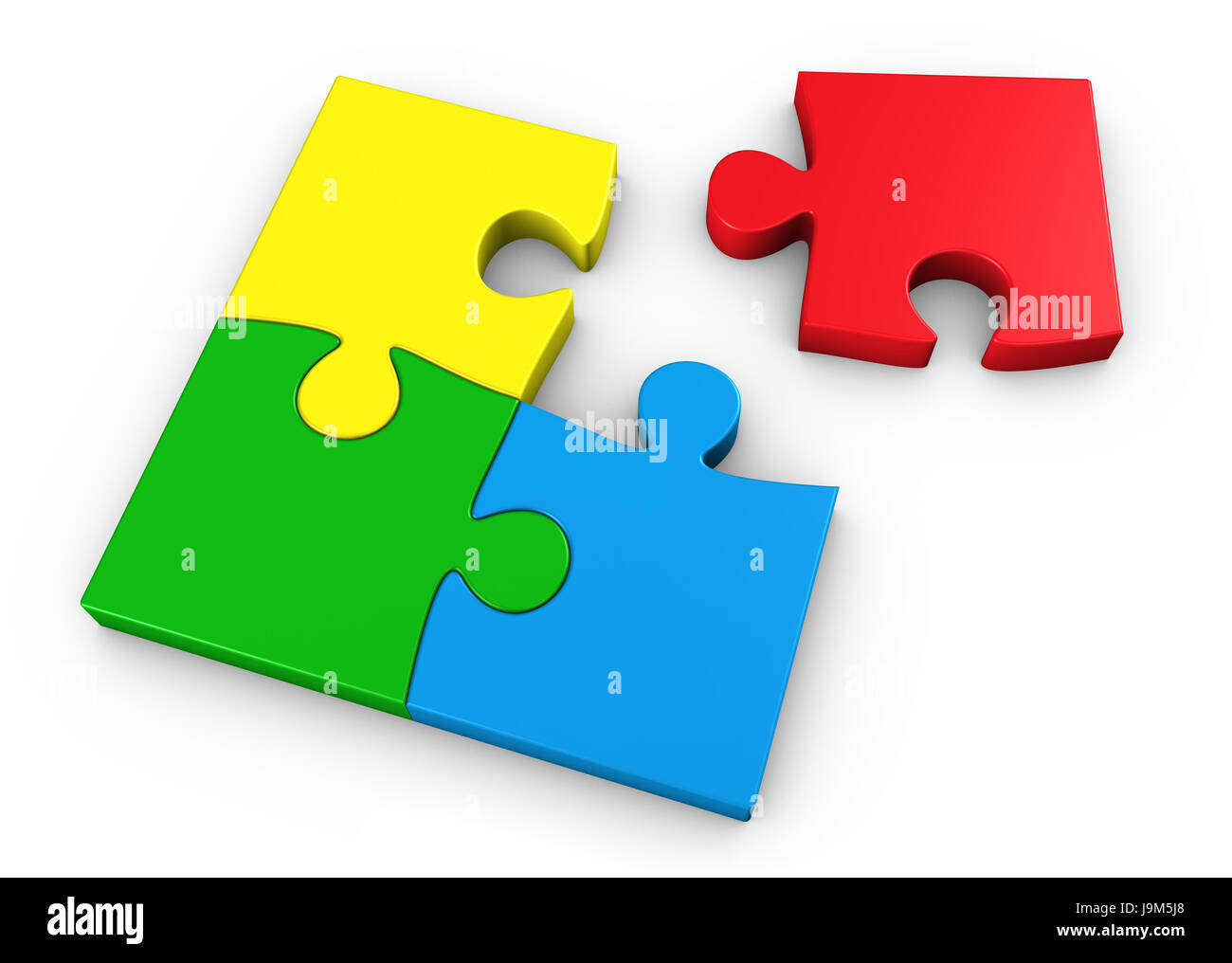 Puzzleteile in vier verschiedenen Farben Geschäft Teamwork Konzept 3D Abbildung auf weißem Hintergrund. Stockfoto