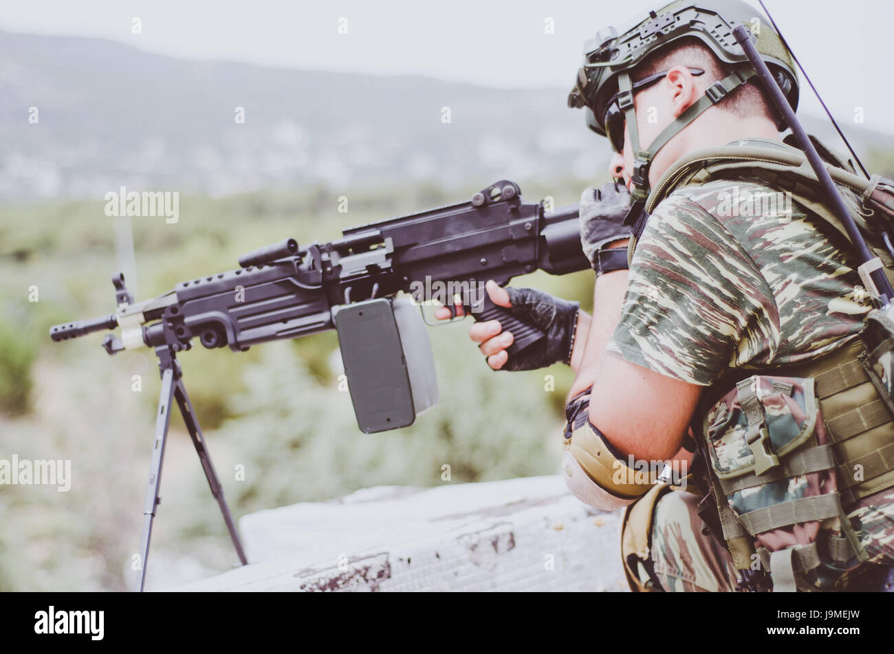 Radio operator Gunner mit Antenne Sender Stockfoto