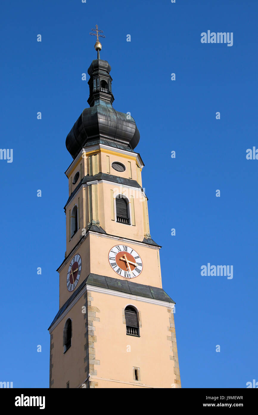 Kirche, Bayern, Christi Himmelfahrt, historisches, Kirche, Uhr, Bayern, Deutschland, Stockfoto