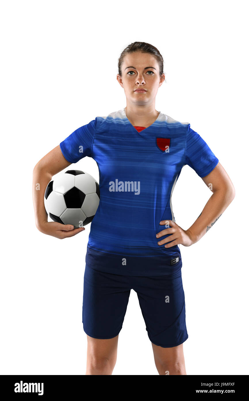 Porträt von weiblichen Fußballspieler mit Ball isoliert auf weißem Hintergrund Stockfoto