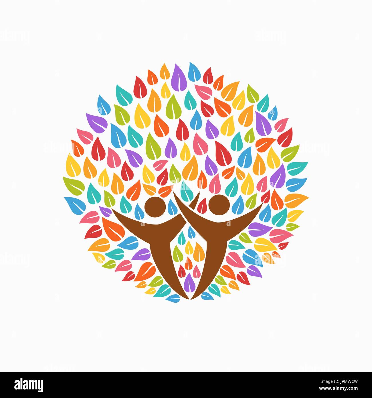 Multicolor Baum-Symbol mit Menschen-Silhouetten. Konzept-Illustration für Organisation Hilfe, Umweltprojekt oder Sozialarbeit. EPS10 Vektor. Stock Vektor