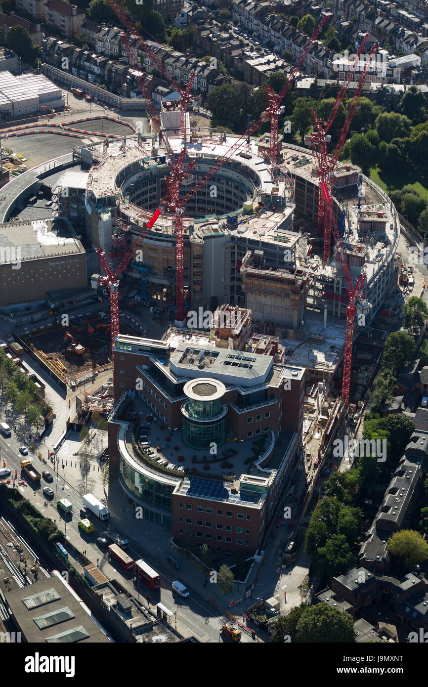 BBC Television Centre, Wood Lane, White City, West London. BBC-HQ von 1960 bis 2013. Die Website wird jetzt in Wohnungen saniert werden. Stockfoto