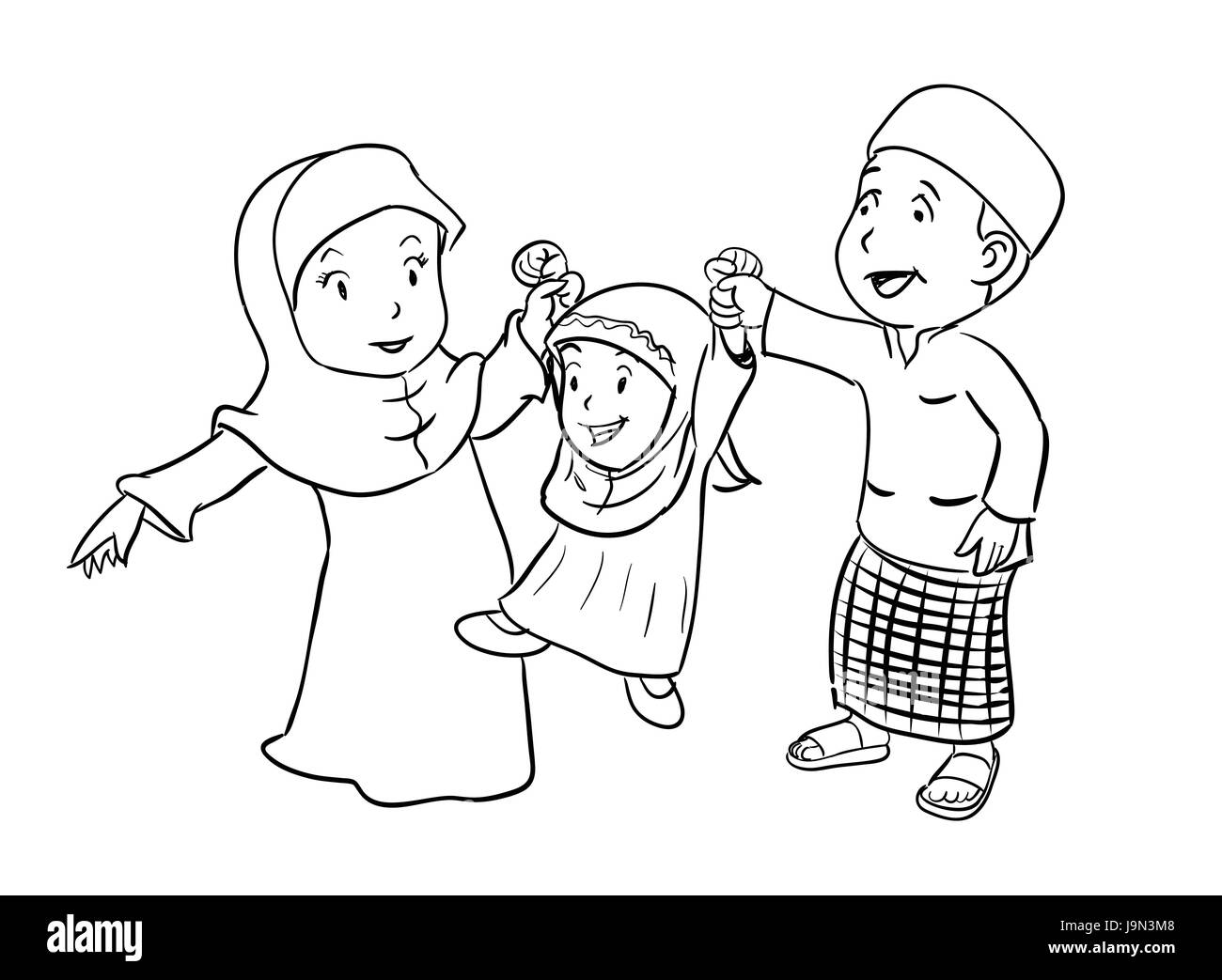 Lineare Abbildung: Happy islamischen Familie. Vektor Zeichentrickfigur zum Färben Stock Vektor