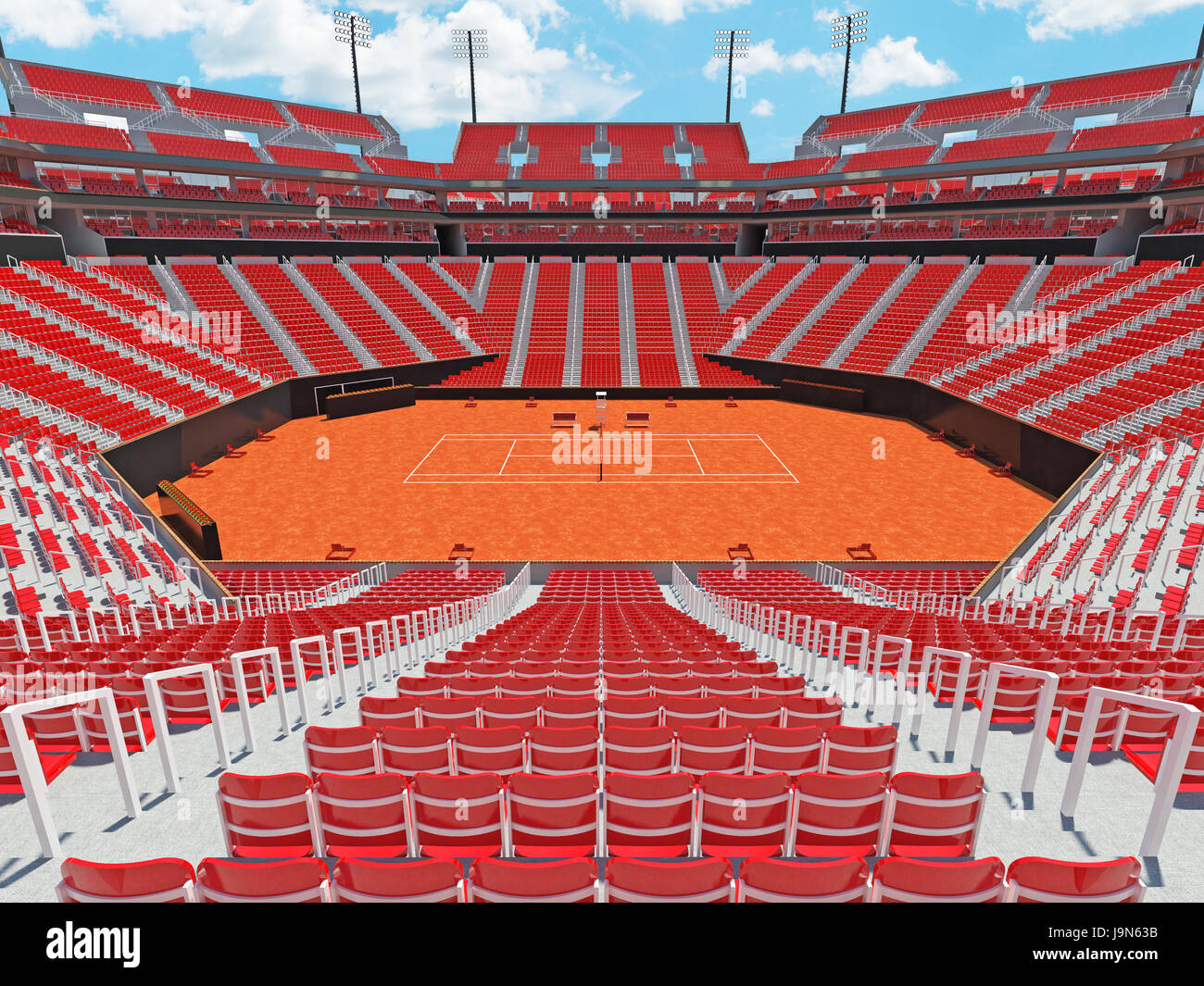 3D Rendern des schönen modernen Ton Gericht Tennisstadion mit roten Stühlen Stockfoto