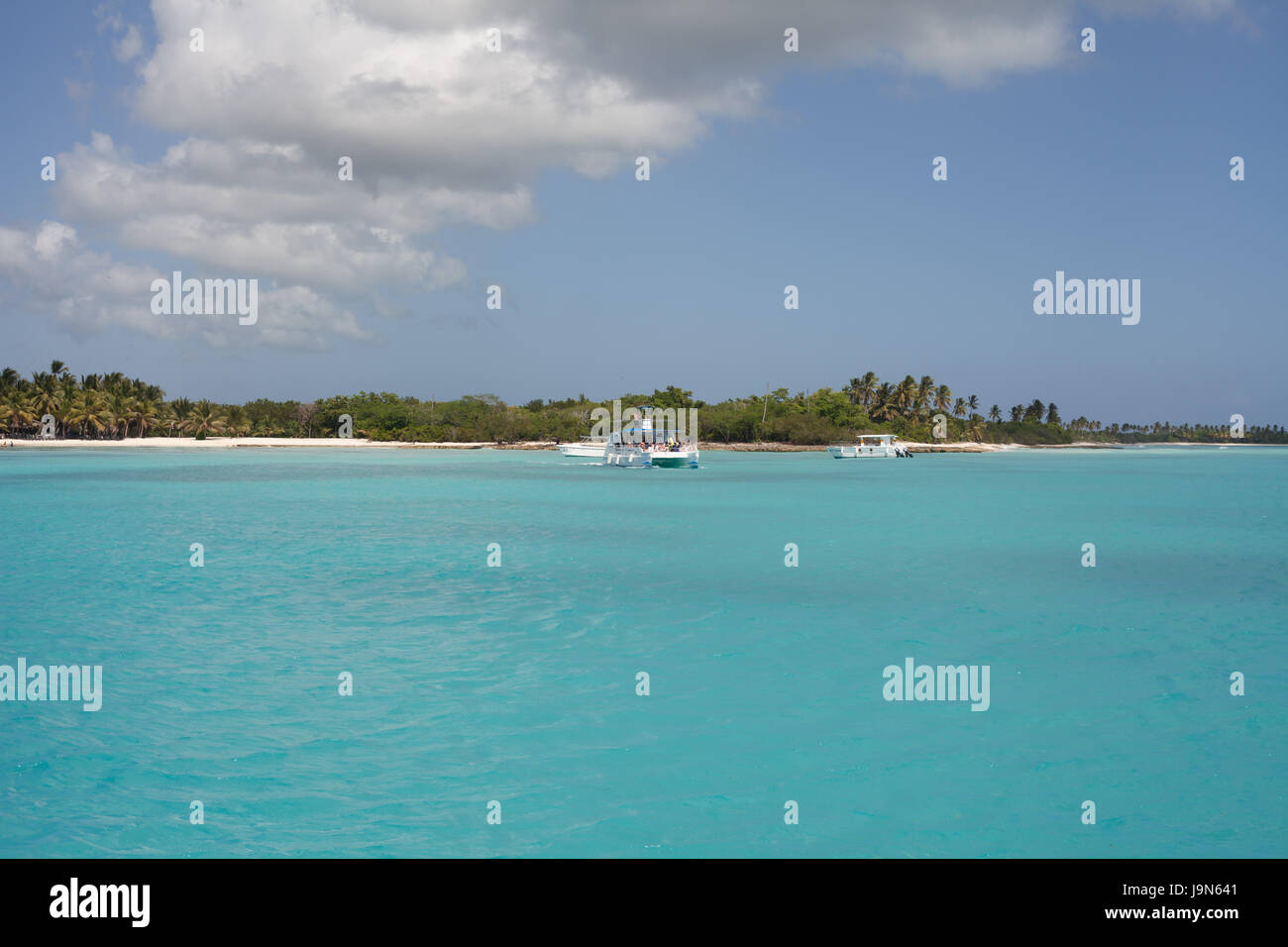 Nähert sich mit dem Boot die schöne Insel Sanoa mit seinem azurblauen Wasser, Dominikanische Republik Stockfoto