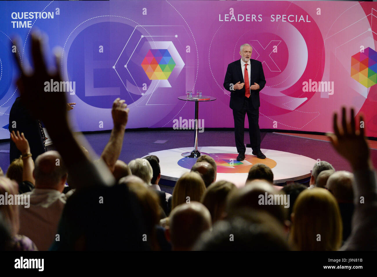 Labour-Chef Jeremy Corbyn Teilnahme an BBC1s Fragestunde Führer Special präsentiert von David Dimbleby vom Campus der University of York. Stockfoto