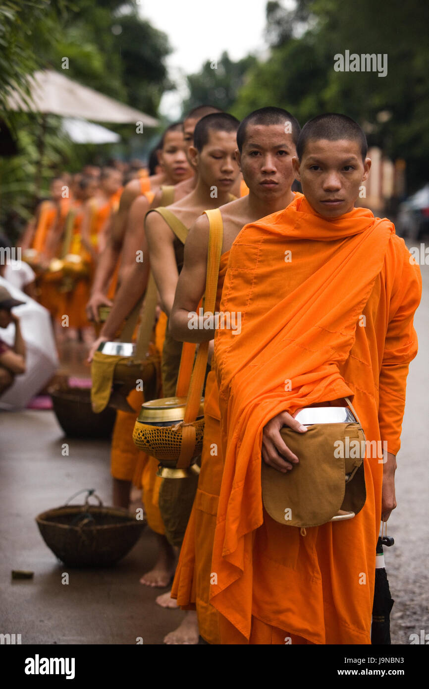 Luang Prabang, Laos - 25. Juli 2008: Mönch Almosen geben Prozession, jeden Morgen wird die Hauptstraße von Luang Prabang, Laos ist gesäumt von Menschen kniend Stockfoto