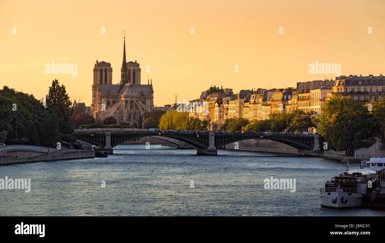 Kathedrale Notre Dame de Paris, Ile Saint Louis, Sully-Brücke und das Seineufer bei Sonnenuntergang im Sommer. 4. Arrondissement von Paris. Frankreich Stockfoto