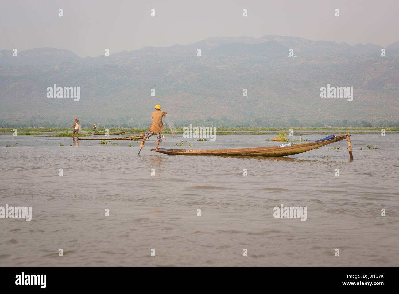Fischern am Inle-See, Myanmar. Stockfoto