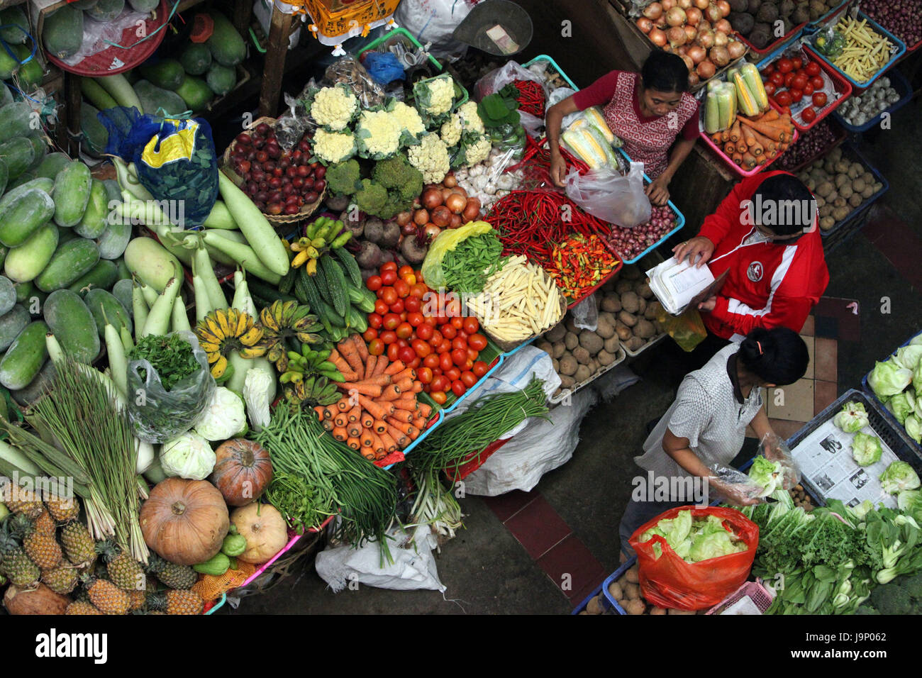 Indonesien, Bali, Insel, Denpasar, Kapital, Markt, Gemüse, Gemüse-Markt, Alltag, Pasar Badung, Arbeit, Einkaufen, Handel, Stockfoto