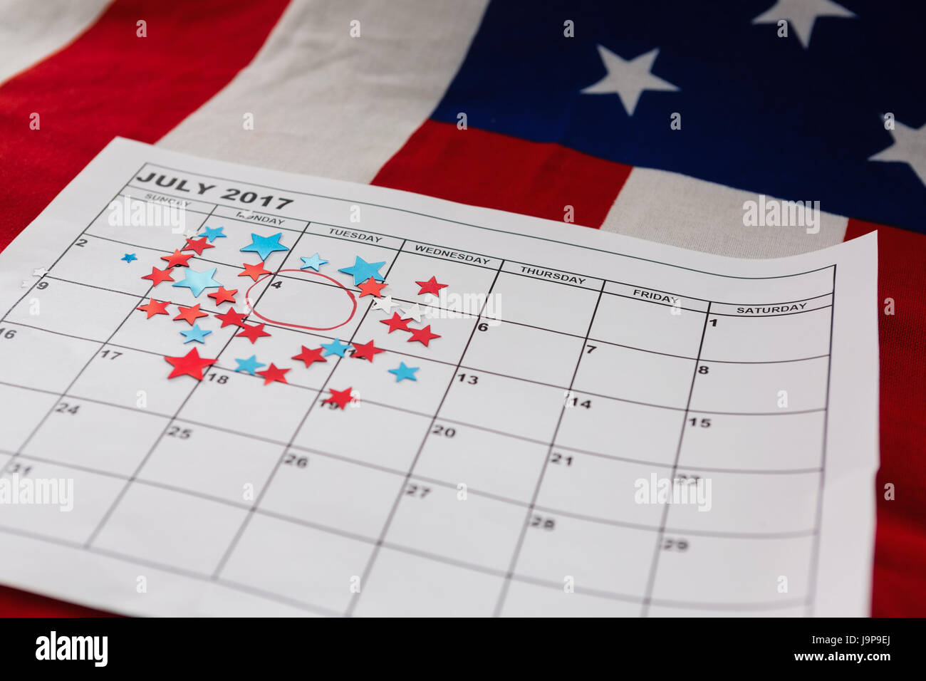 Kalender markiert mit sternförmig Dekoration mit 4 th Juli Thema Stockfoto