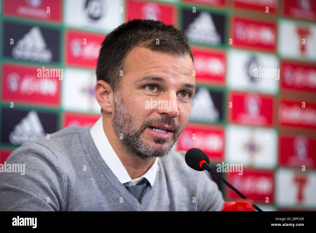 Neuseeland-Manager Anthony Hudson während einer Pressekonferenz nach der internationalen Freundschaftsspiel im Windsor Park, Belfast. PRESSEVERBAND Foto. Bild Datum: Freitag, 2. Juni 2017. Finden Sie unter PA Geschichte Fußball N Irland. Bildnachweis sollte lauten: Liam McBurney/PA Wire. Einschränkungen: Nur zur redaktionellen Verwendung, nicht für kommerzielle Zwecke ohne vorherige Genehmigung bitte PA Bilder für weitere Informationen kontaktieren. Stockfoto