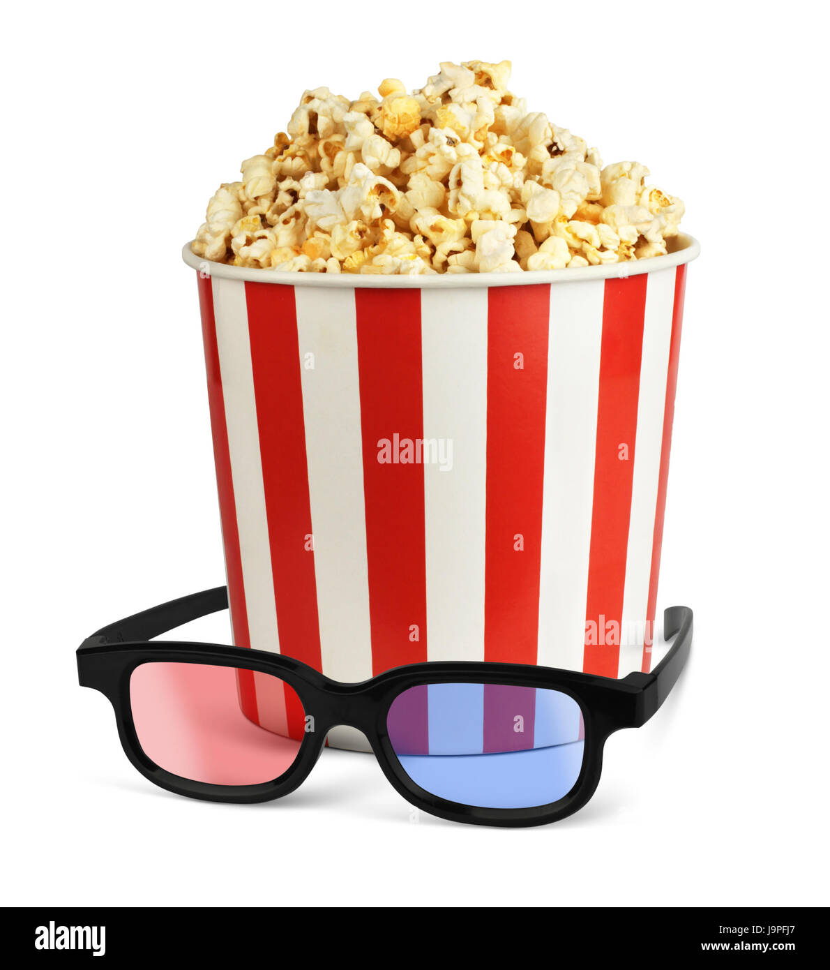Popcorn in Eimer mit 3D-Brille Stockfoto