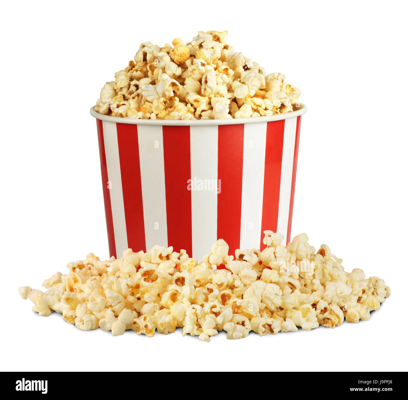 Popcorn in Box mit Pille isoliert auf weiss, Schneidepfad Stockfoto