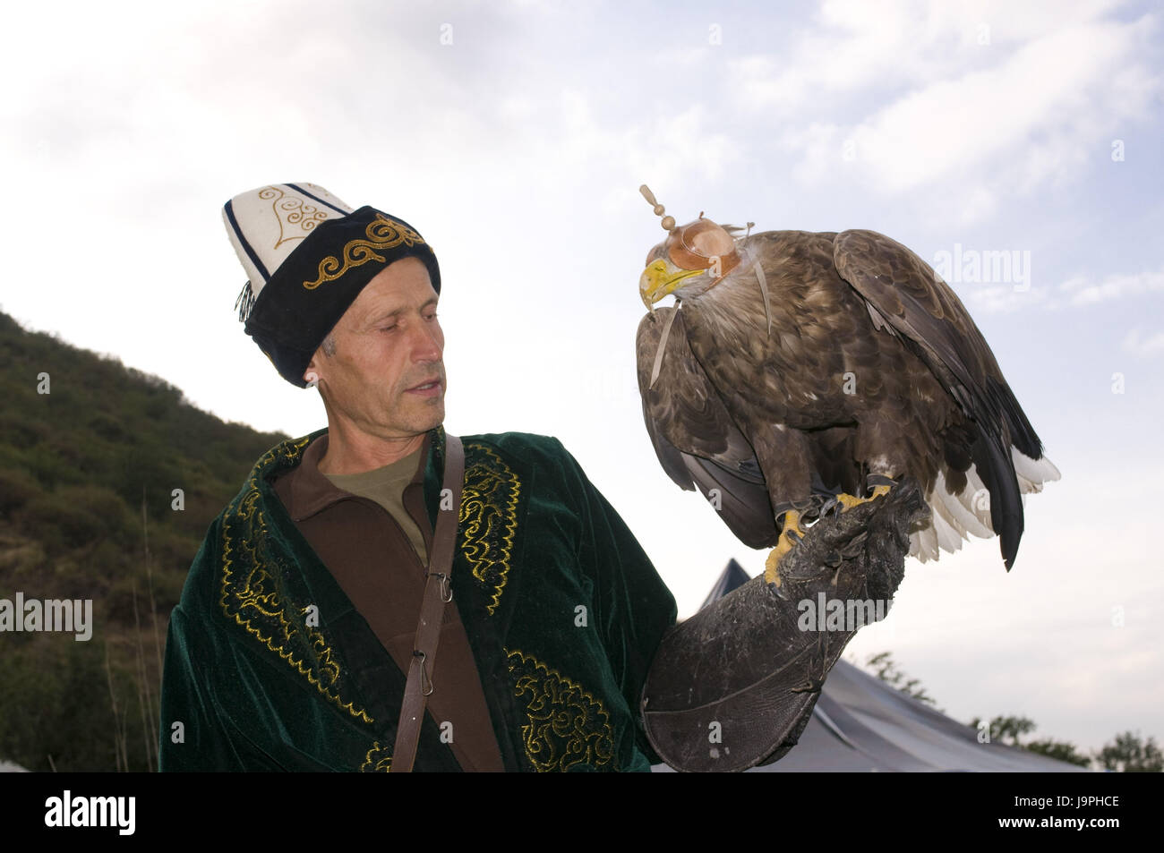 Mann, Raubvogel, zeigen, Suncar Falken Bauernhof, Alma-Ata, Kasachstan, Stockfoto