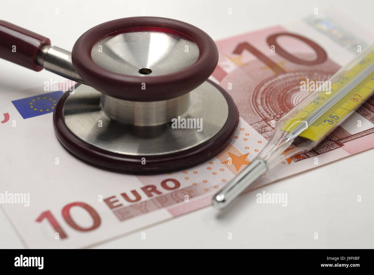Stethoskop, Geld, Eurolight, Fieberthermometer, Detail, Icon, Ausgaben, öffentliche Gesundheit, Stockfoto