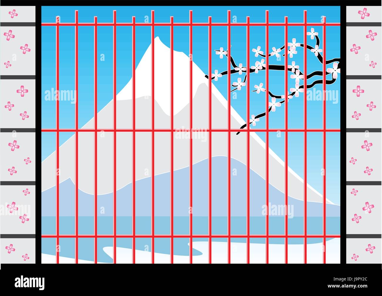 Fenster der japanischen Haus Stil, mit Fuji Berg Hintergrund anzeigen. getrennte Schichten. Vector Illustration. Stock Vektor