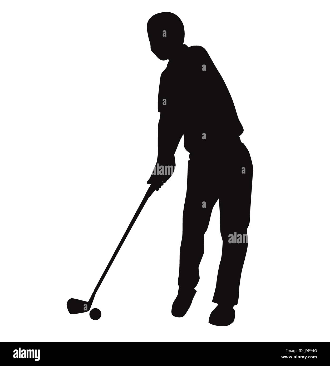 Silhouette von Golf Swing Vorderansicht auf der grünen Wiese, Golfspieler im roten T-Shirt und dunkler Hose. Vektor flache Design Stil. Stock Vektor