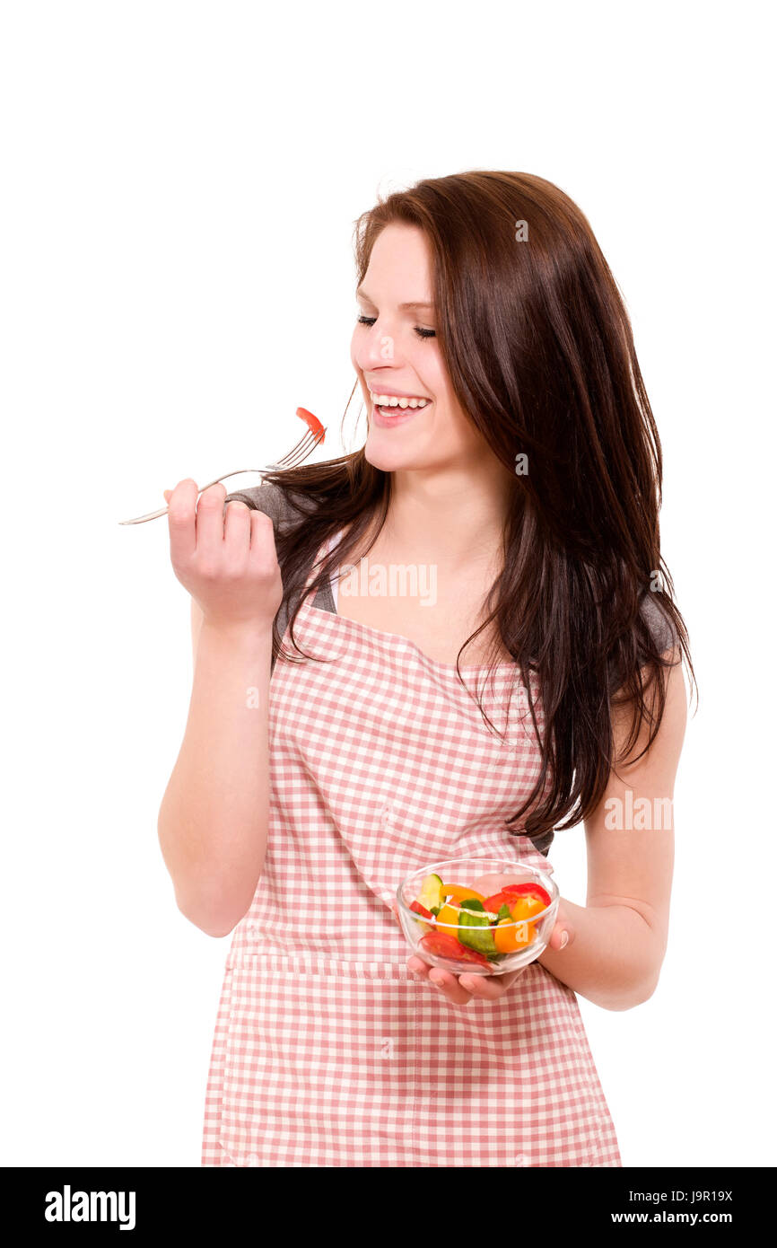 Essen Sie beim Salat lachende Frau Stockfoto