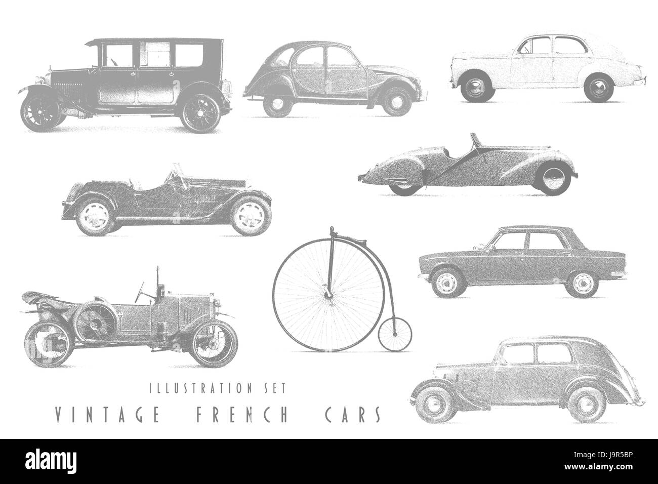 Reihe von Illustrationen mit Strichzeichnungen von Autos Stockfoto