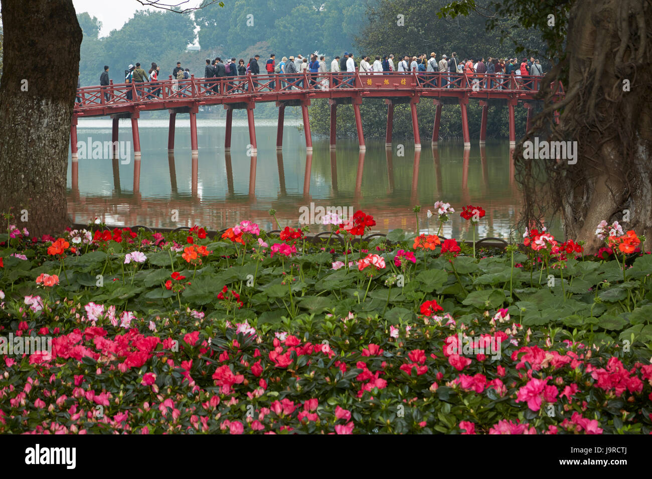 Blumen, Touristen auf die Huc Brücke und Hoan-Kiem-See, Hanoi, Vietnam Stockfoto
