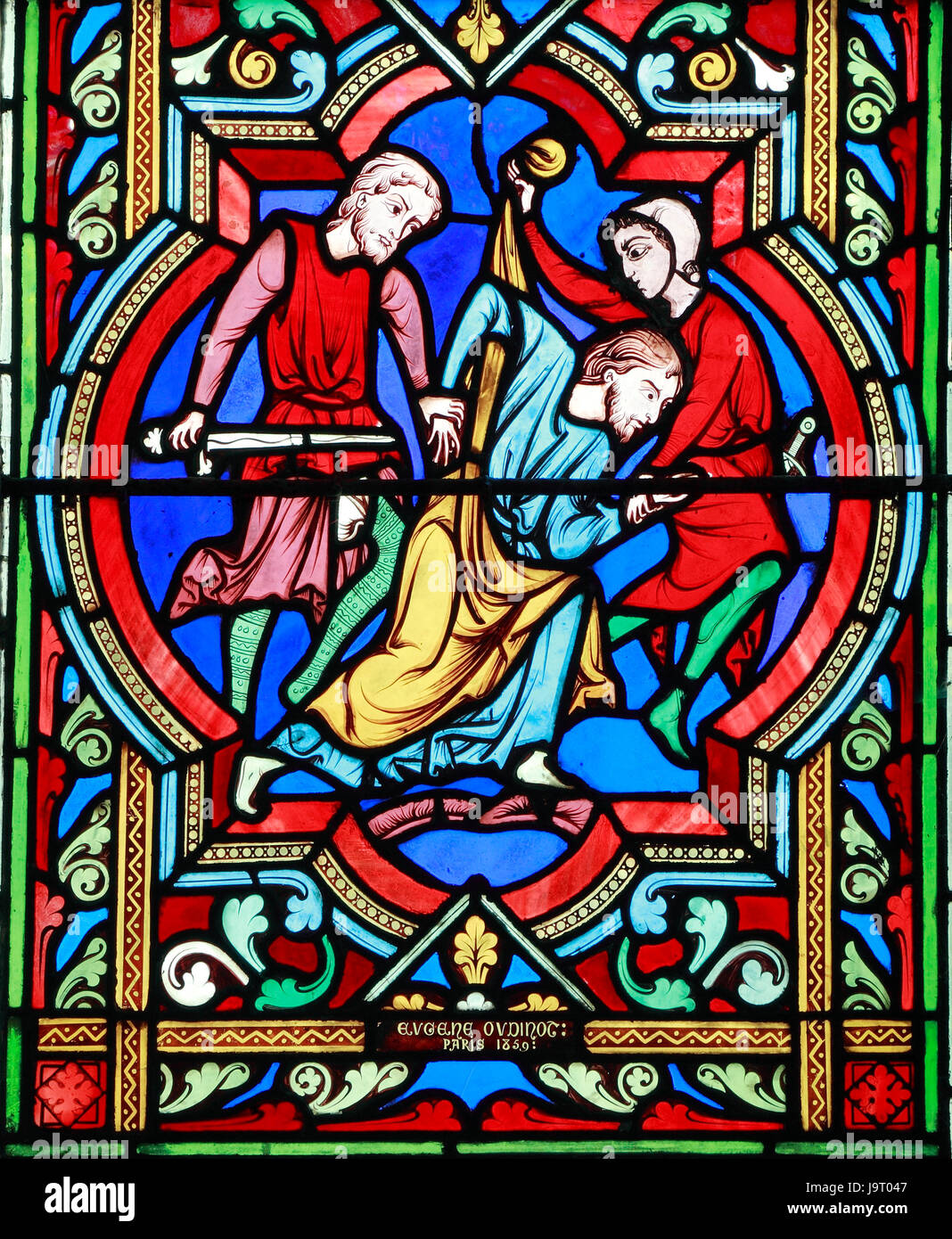 Der barmherzige Samariter Gleichnis, Reisenden überfallen und ausgeraubt, Glasfenster von Eugene Oudinot von Paris, 1859, Feltwell, Norfolk, Großbritannien, England, UK Stockfoto