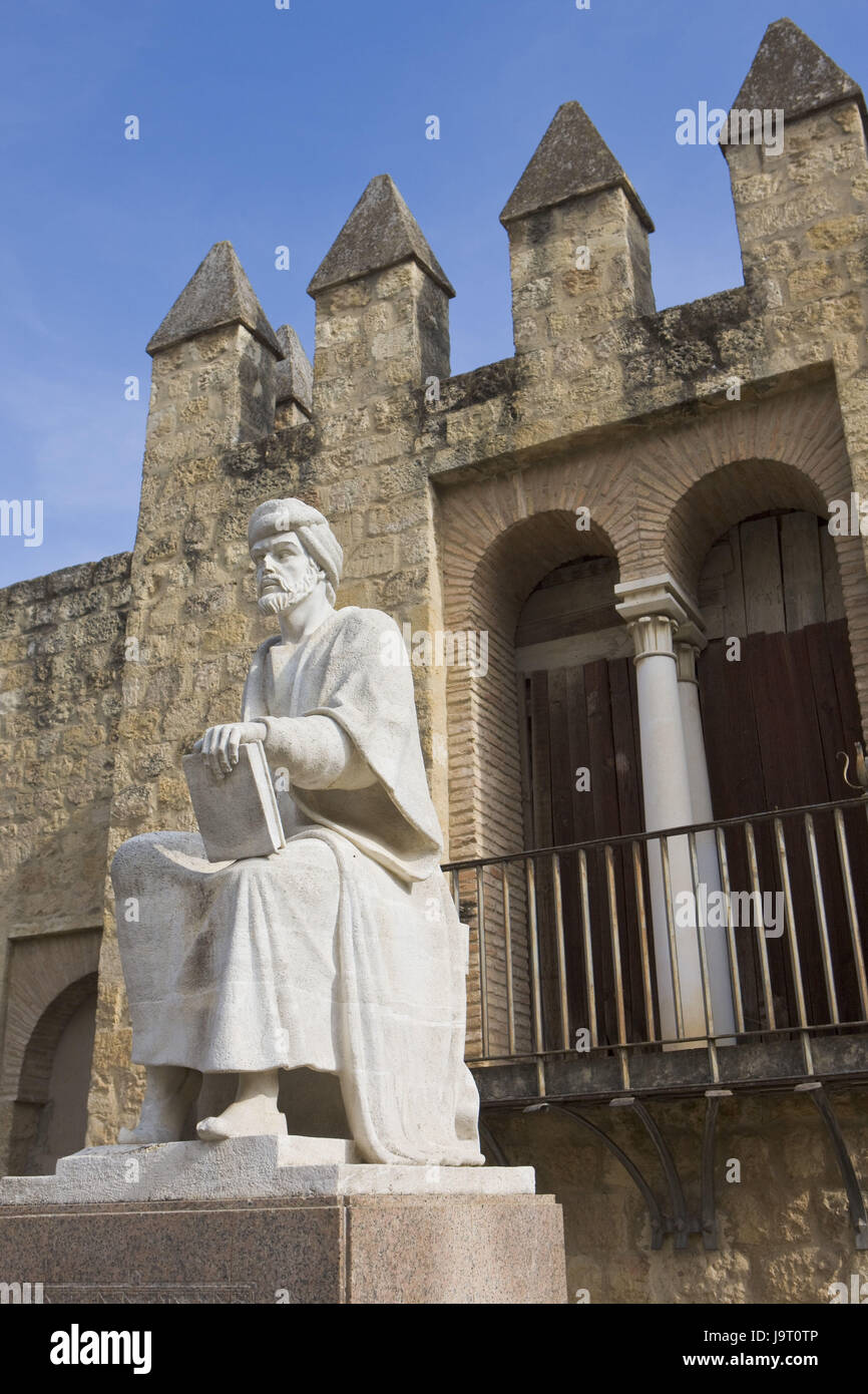 Spanien, Andalusien, Cordoba, Statue, Averroes, Stadtmauer, Stockfoto