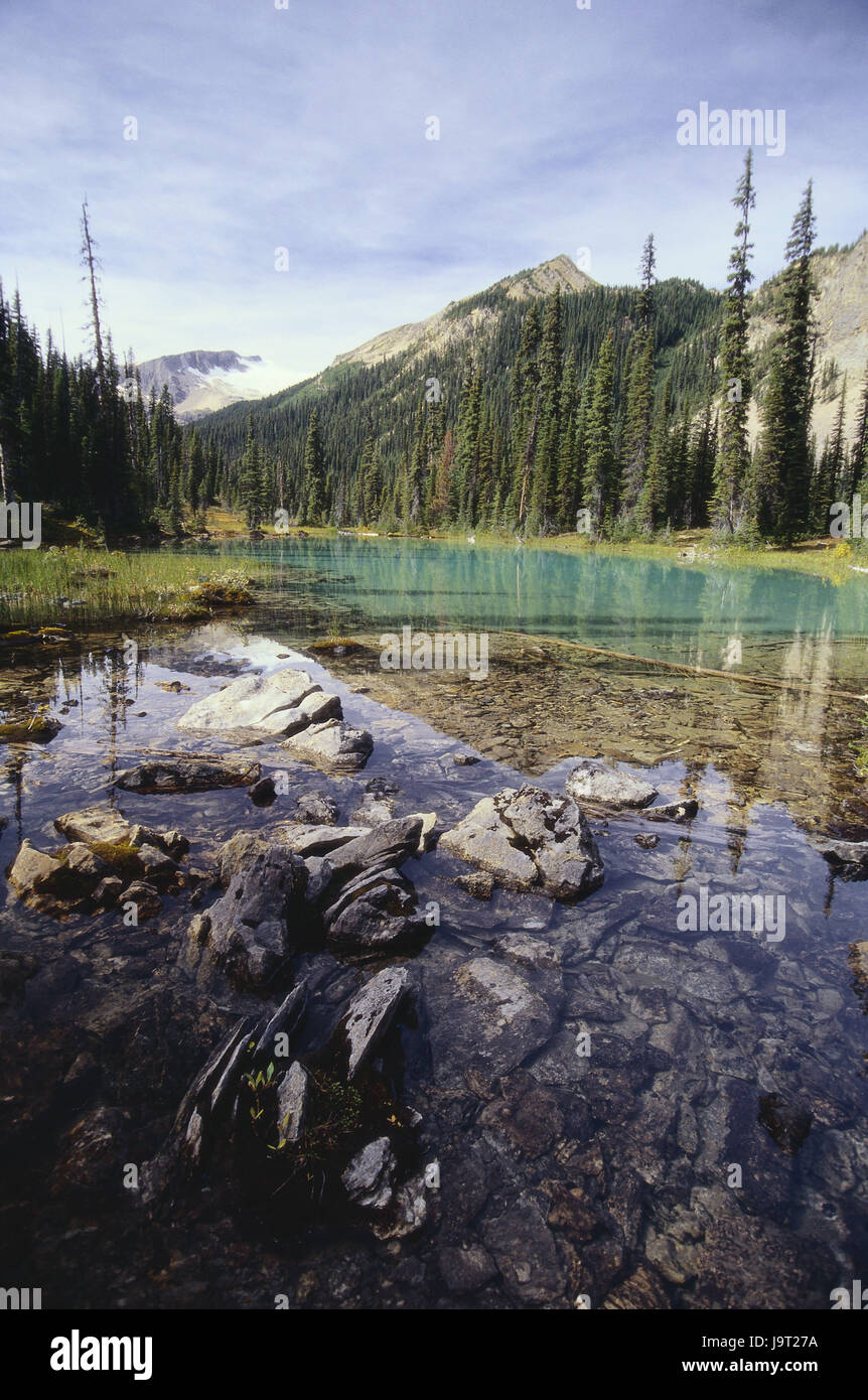 Kanada, Yoho National Park, Berge, See, Nordamerika, British Columbia, Ansicht, Konzeption, menschenleer, Bäume, Bergspitzen, Entfernung, Himmel, Landschaft, Natur, See, Steinen, Holz, Wasser, unberührte, Einsamkeit, Freiheit, Reisen, Ruhe, Stille, Stockfoto