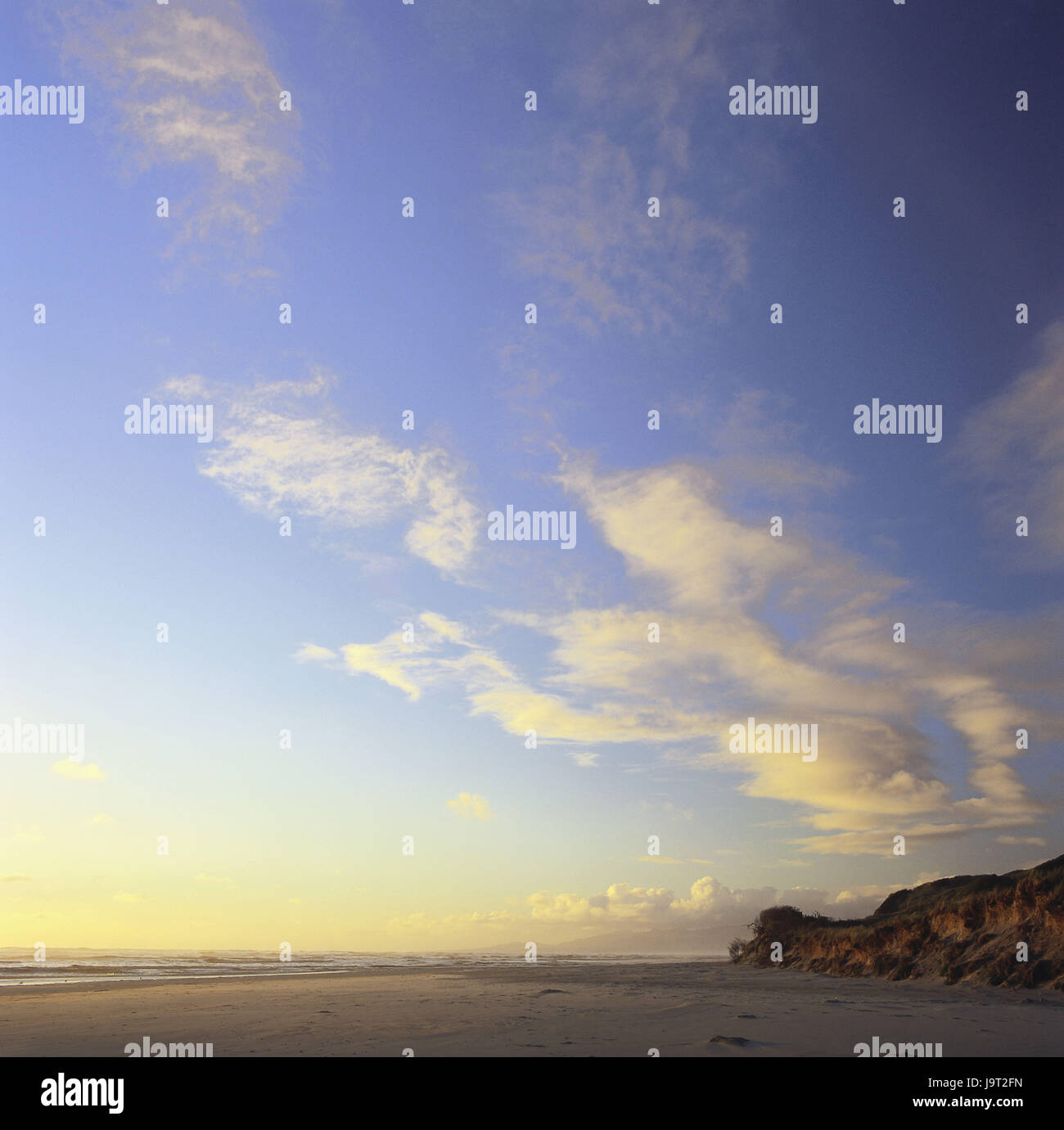 Australien, Tasmanien, Strand, Meer, abends Licht, Tasmanischen Meer, Ansicht, Konzeption, menschenleer, Entfernung, Himmel, Wolken, Horizont, Küste, Landschaft, Natur, Sand, Strand, Küste, Wasser, schöne Wolken, Abend, unendlich, friedlich, grenzenlos, leise, stimmungsvolle, Einsamkeit, Freiheit, Ruhe, Stille, Infinity, Breite, Stockfoto