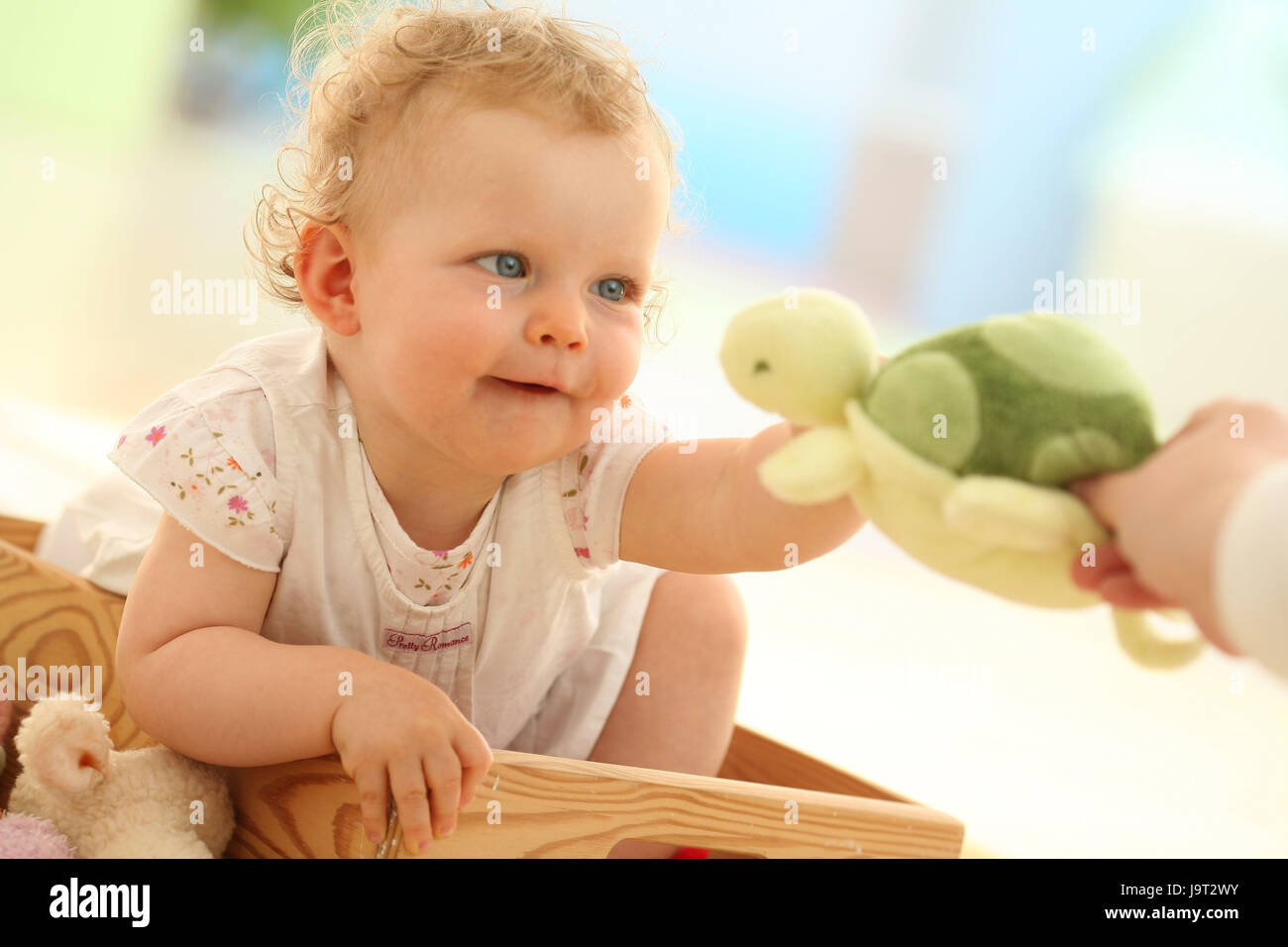 Kind, Mädchen, spielen, Holzkiste, weiche Tier zu erreichen, Stockfoto