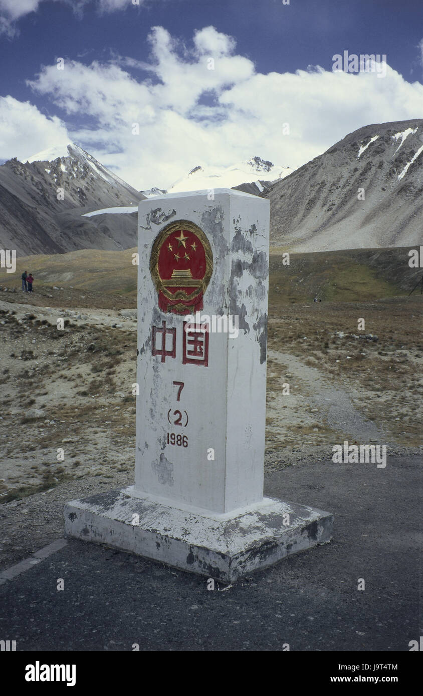 China, Pakistan, Karakorum-Gebirge, Kunjerab-pass, Grenzgebiet, Grenze Stein, Asien, Länder, Staat Marge, Grenze, Rand, Berge, Berge, Berglandschaft, Bergregion, Karakorum, Himmel, Cloudies, Stockfoto