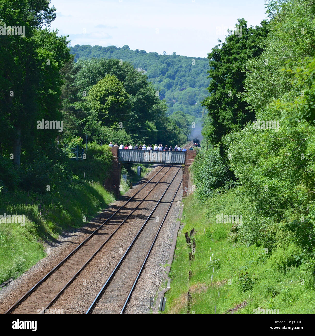 Reigate, Surrey, UK. 3. Juni 2017. Massen warten in der Erwartung, die Flying Scotsman 60103 Kathedralen Express Dampflokomotive Salonwagen schleppen, wie sie durch Reigate, Surrey eilt zu sehen. 1304hrs Samstag, 3. Juni 2017. Foto © Lindsay Constable / Alamy Live News Stockfoto