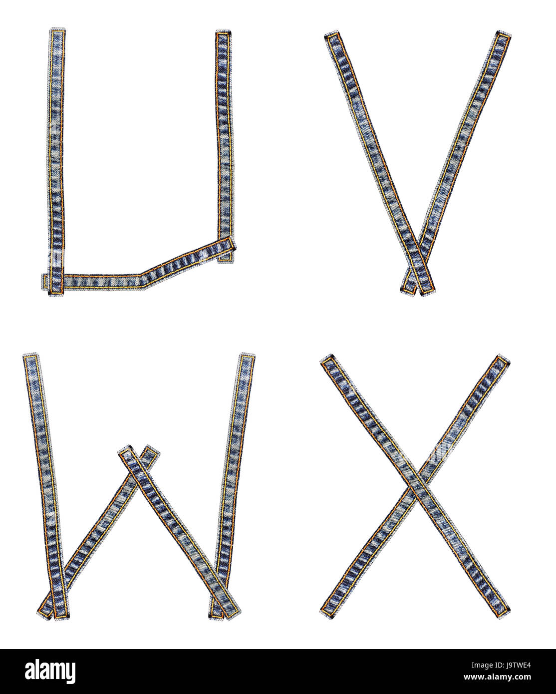 Mahnschreiben von Jeans Alphabet U, V, W, X isoliert auf weißem Hintergrund Stockfoto
