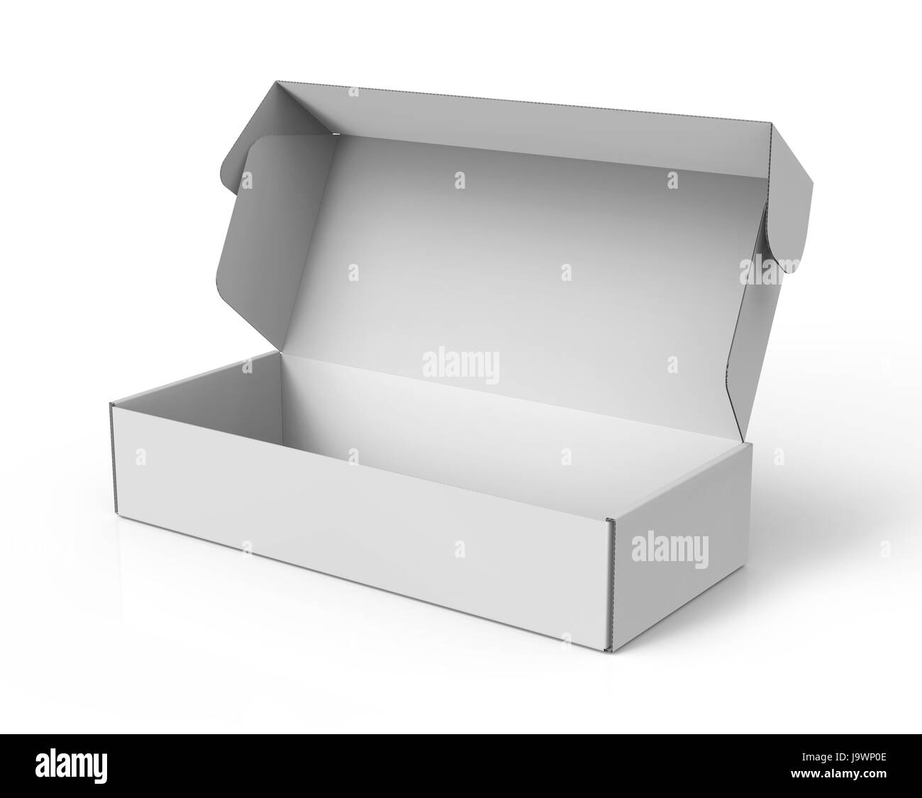 Öffnen Sie leere 3d rendering Roll Ende Tuck-Top-Box, weißen Hintergrund isoliert Stockfoto
