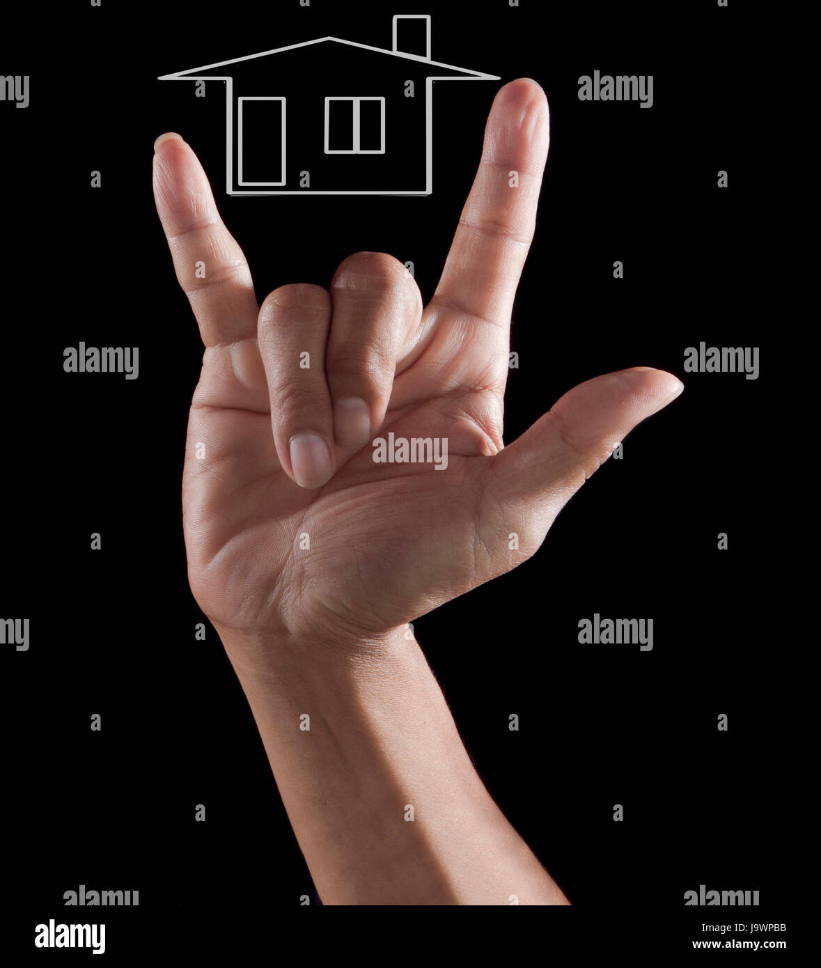 Ich liebe dich auf schwarz mit nach Hause Umriss für Gehäuse Thema Hand Stockfoto