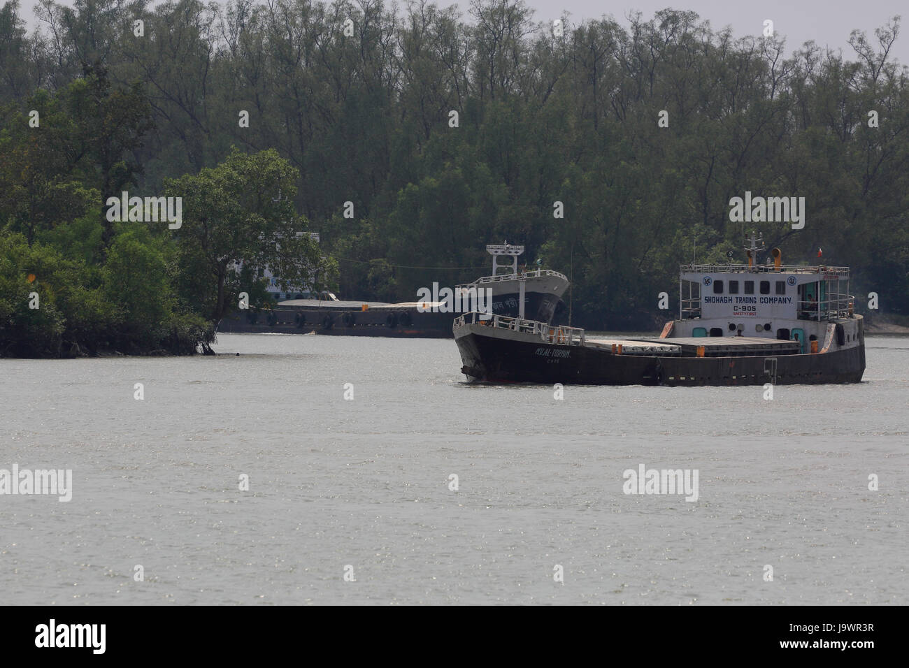 Frachtschiffe, die nah am Ufer des Shibsha Flusses in den Sundarbans trotz ökologischen Risiken navigieren. Satkhira, Bangladesch Stockfoto