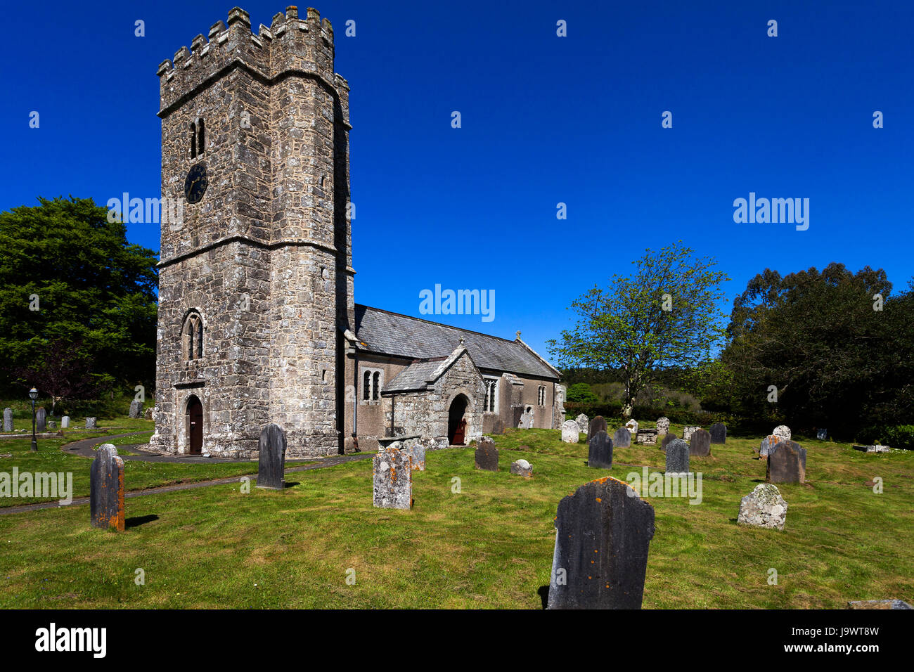 St.-Petri Kirche, Friedhof, Buckland im Moor, Dartmoor National Park, Devon, England, Vereinigtes Königreich Stockfoto