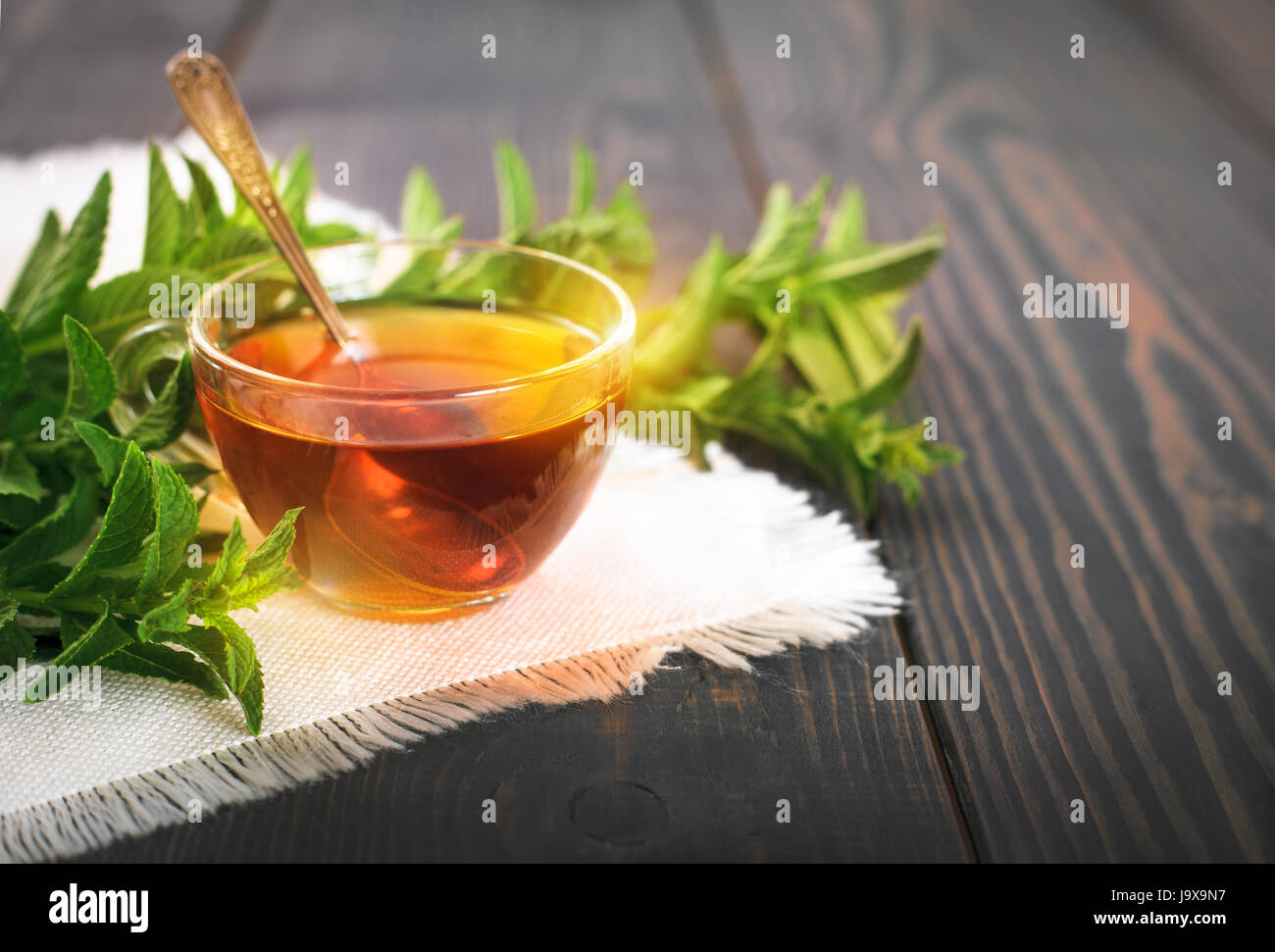 Tasse Pfefferminztee und einer Handvoll Minze auf dem Tisch. Schönes Stillleben mit Kräutertee. Stockfoto