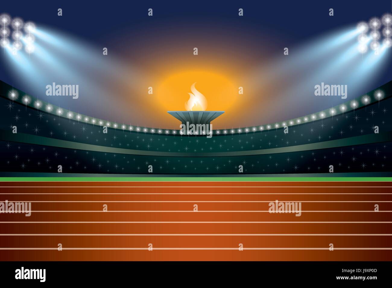 Leichtathletik-Stadion mit Track im allgemeinen vorderen Nachtansicht. Zeremonie Veranstaltung Athleten auf Fackel-Hintergrund. Vektor-Illustration Stock Vektor