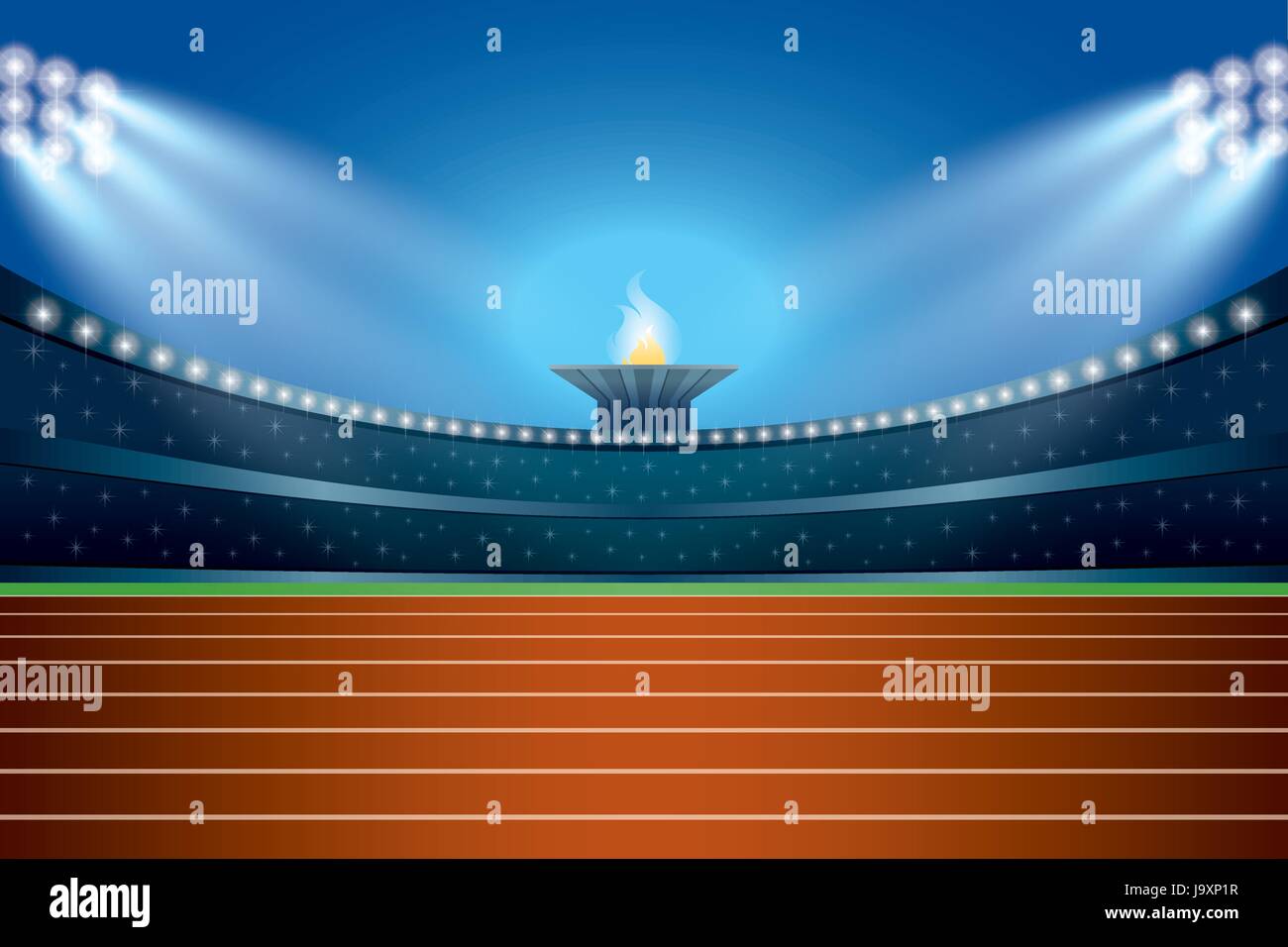 Leichtathletik-Stadion mit Track im allgemeinen vorderen Nachtansicht. Zeremonie Veranstaltung Athleten auf Fackel-Hintergrund. Vektor-Illustration Stock Vektor