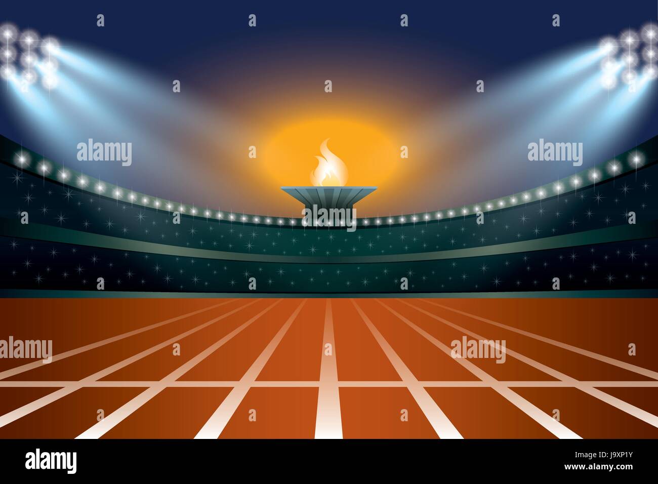 Leichtathletik-Stadion mit Track im allgemeinen vorderen Nachtansicht. Zeremonie Veranstaltung Athleten auf Fackel-Hintergrund. Vektor-Illustration Stock Vektor