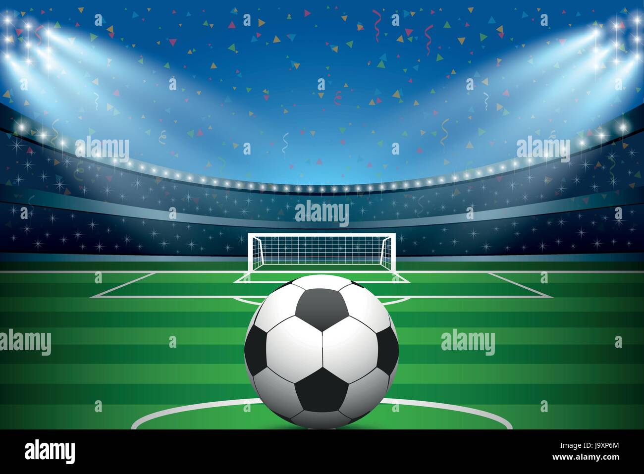 Fußball Fußball-Stadion und Konfetti-Hintergrund. Vektor-Illustration. Stock Vektor