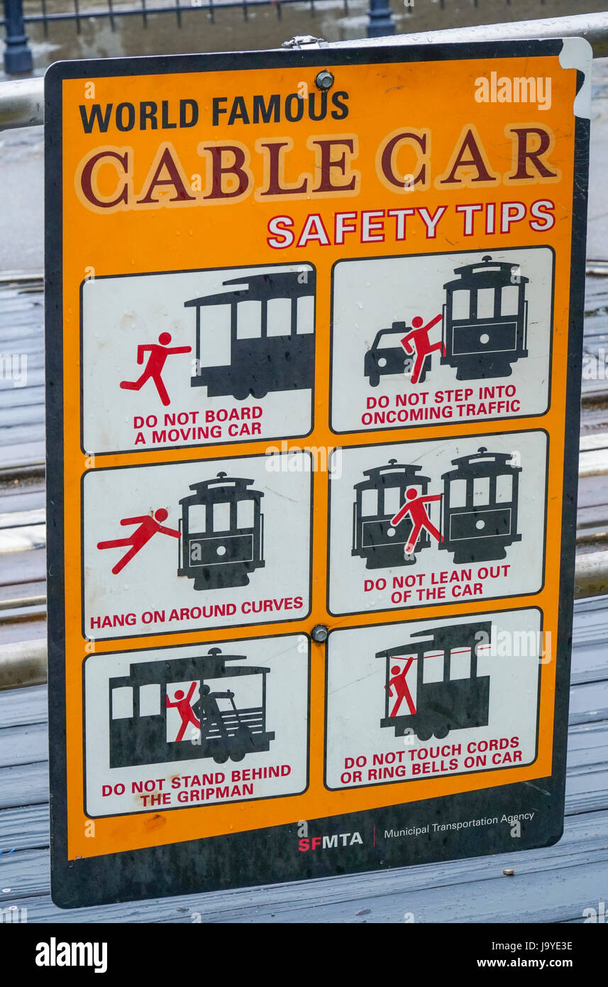 Melden Sie an - Seilbahn Sicherheit Tipps - SAN FRANCISCO - CALIFORNIA - 18. April 2017 Stockfoto
